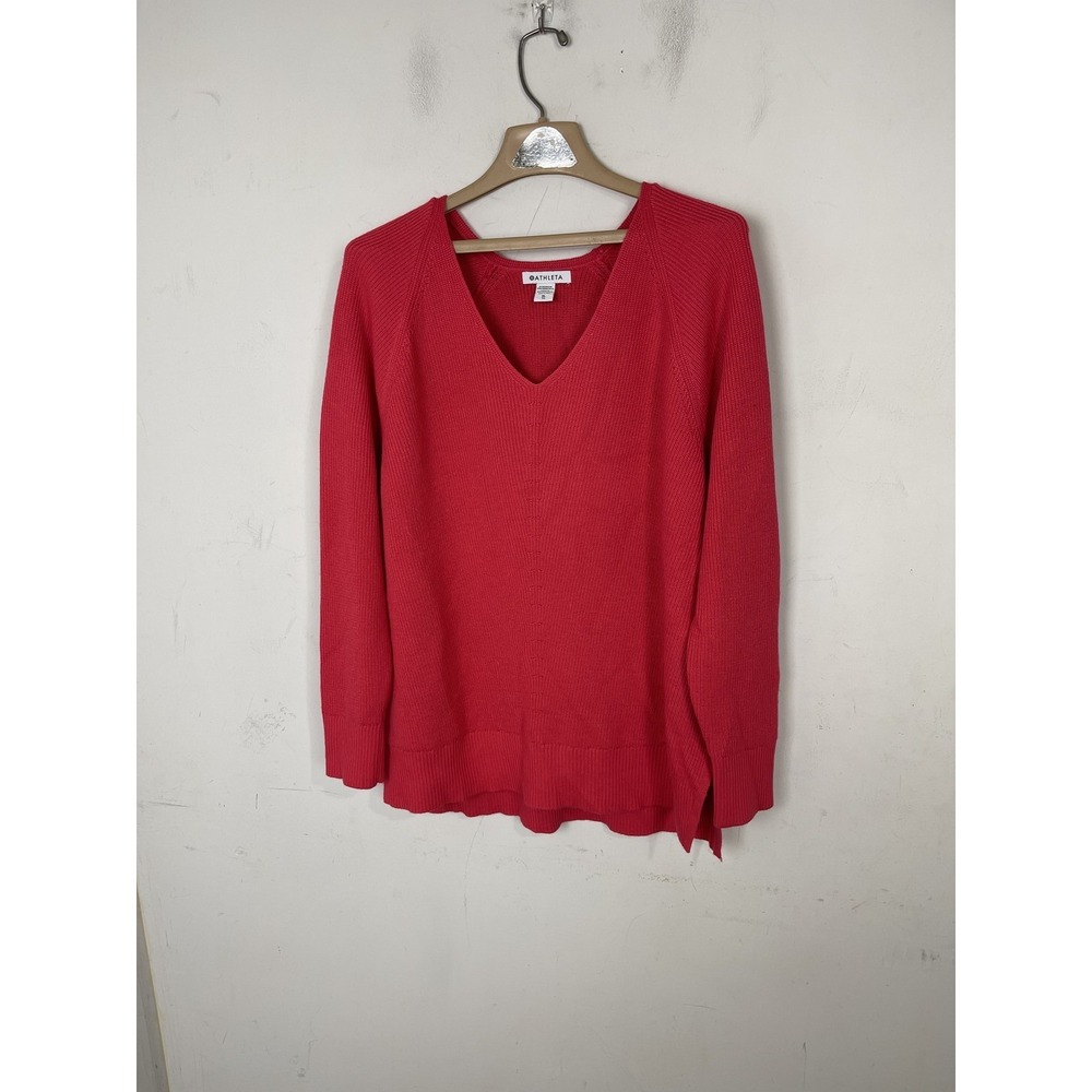 Athleta Womens XL TG Red V-Neck Long Sleeve Ribbed Knit Pullover Sweater Top